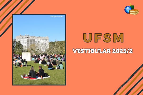 Fundo laranja, listras amarelo escuro e cinza escuro, foto do gramado do campus da UFSM. Texto Vestibular 2023/2