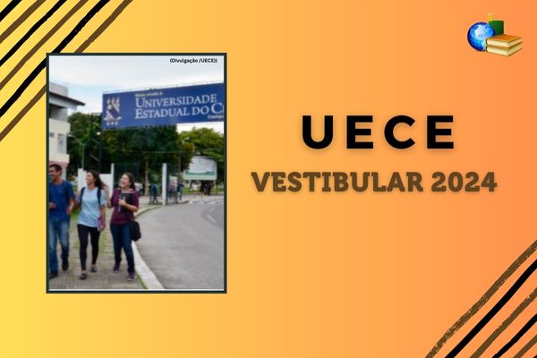 Fundo laranja, listras cinza e preto. Na foto, estudantes no campus da UECE. Texto UECE Vestibular 2024