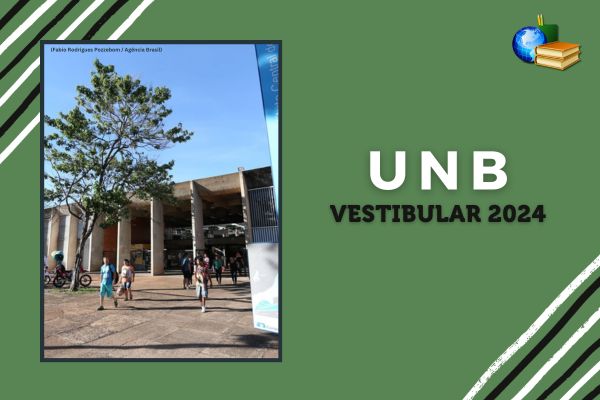 Fundo verde, listras nas cores preto e branco. Foto do campus da UnB, com pessoas caminhando. Texto UnB Vestibular 2024