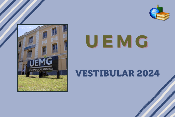 Campus da UEMG sob fundo azul claro ao lado do texto - UEMG Vestibular 2024