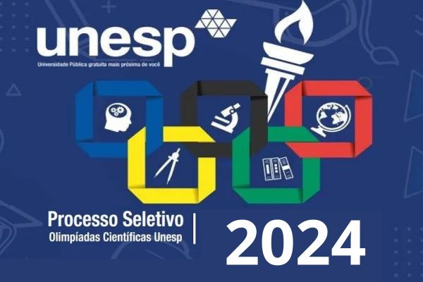Símbolos olímpicos sob fundo azul escuro acima do texto Processo Seletivo Olimpiadas Cientifica Unesp 2024