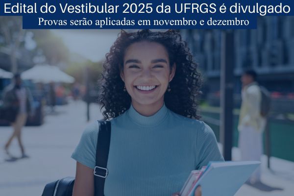 Fundo verde, listras cinza e branco, foto de estudantes em campus da UFSC, texto UFSC Vestibular 2025