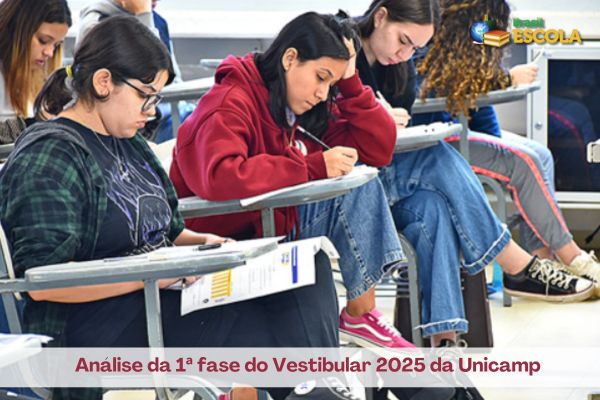 Fundo marrom, foto de candidatos do vestibular da Unicamp. Texto Unicamp Vestibular 2025