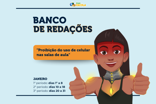 Iara faz joia. Fundo azul. Texto Banco de Redações Proibição do uso de celular nas salas de aula.