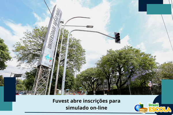 Foto da fachada da Fuvest. Testo: Fuvest abre inscrições para simulado on-line