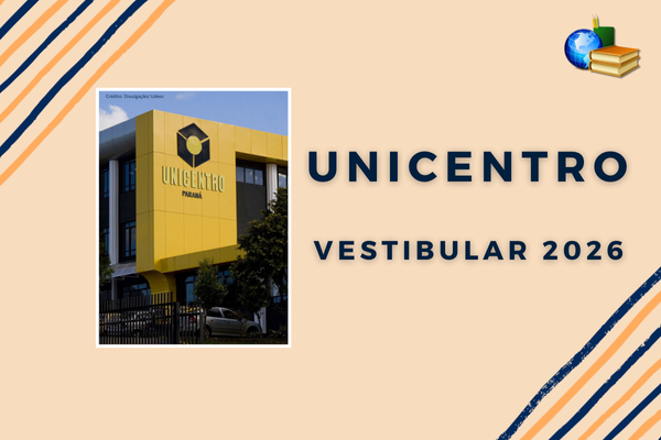 Unicentro Vestibular 2026 Foto: fachada da Ucentro em fundo bege com listras coloridas. Texto: Unicentro Vestibular 2026