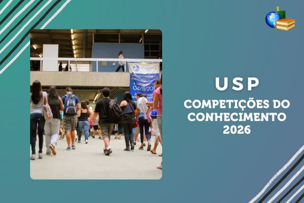 Foto de candidatos em unidade da USP, texto USP Competições do Conhecimento 2026